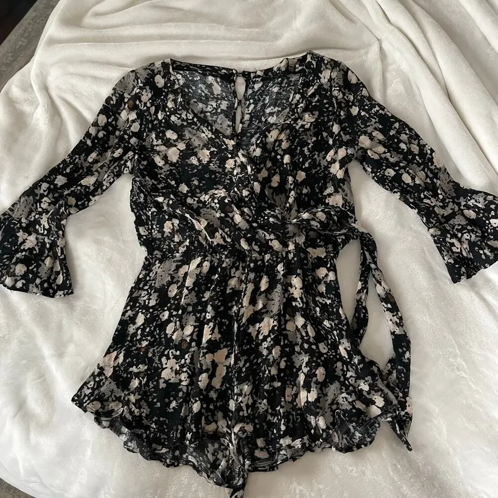 Free People Black and Cream Patterned Romper Shorts